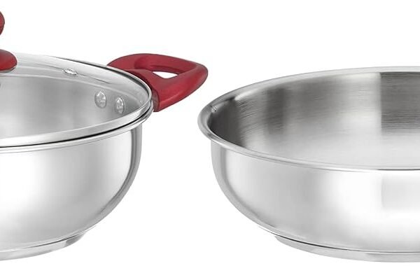 Amazon Brand - Solimo Stainless Steel Heavy Bottom Kadhai with Glass lid |Three Layer Impact Forged Bottom|Durable|Soft Touch Handles and Knob|2700 ml| Silver