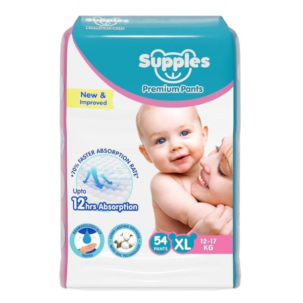 Amazon Brand - Supples Premium Baby Diaper Pants | 54 Baby Diapers | XL | 12-17 Kg | 12 Hrs Absorption | Cushiony Cotton Soft Fabric | Phthalates-Free | Triple Leak Guard