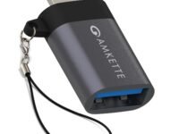 Amkette iConnect Mini Lightning to USB Adapter, Connect USB Drives, Keyboards, Mice to iPhone & iPad with Lightning OTG Adaptor, Plug & Play iPhone OTG Connector, Attached Lanyard, Geoforce 1016 Chip