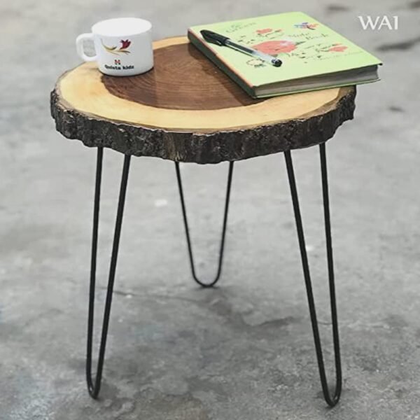 Beautiful Wooden bark end Table Corner Plant Stand | Small Side Table | Foldable Stool for Indoor Outdoor and Living Room Bedroom Decor (30 x 30 x 33 cm) Metal Hairpin Legs