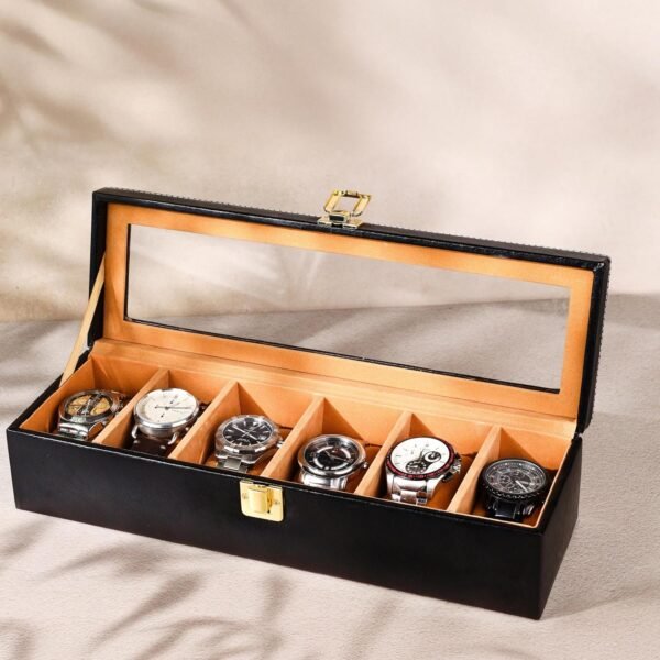 Birch & Co. Watch Box Organizer – 6 Slot Display Case with Glass Lid, PU Leather, Soft Velvet Interior – Elegant Storage for Men’s & Women’s Watches, Jewelry & Accessories – Gift-Ready Case, Black