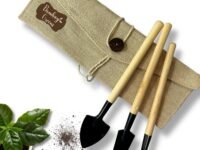 Bombay Greens Mini Gardening Tools Kit for Home Garden | Wooden Handle Garden Tools Set of 3 - Shovel, Spade & Rake in an Eco-Friendly Cloth Pouch