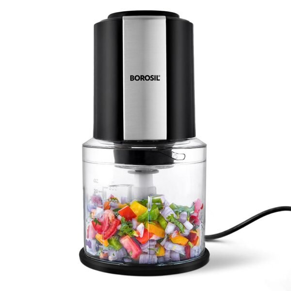 Borosil Chef Delite 300 Watts Electric Chopper for Kitchen, Twin Blade Technology, 600 ml 'chop-n-store' plastic bowl with lid, Vegetable Chopper, Cutter, Chop, Mince, Dice, Whisk, Blend, Black