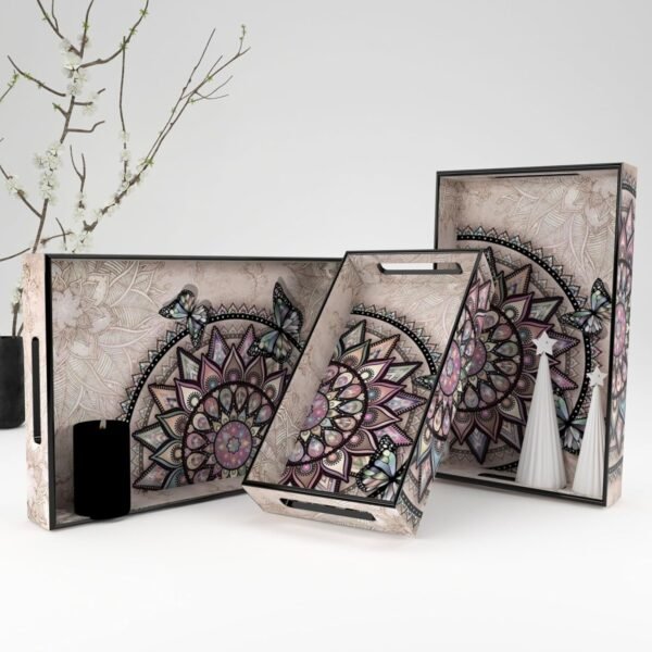 Castleite Elisa Mandala Decorative Wooden Trays Set of 3 | Serving & Organizer Trays | Epoxy Finish -Size Small, Medium & Large(Isadora), Rectangular