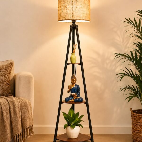 Crosscut Furniture LED Tripod Floor Lamp with 3 Shelves, Brown Jute, Metal Corner Floor Lamp, for Decoration and Gifting,B22 Bulb