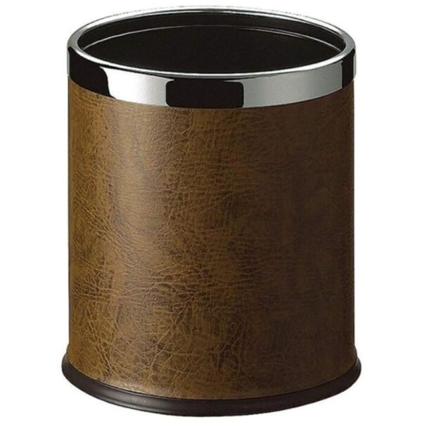 DOLPHY Metal Waste Bin, Open Top Leather Trash Can for Bathrooms, Rooms, Kitchens, Home, Office and Hotel - Capacity 8 Liter (Brown)