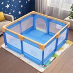 Dawnwake 120 x 120 cm Small Playpen for Baby 6M-3Y, Baby Playard with Anti-Fall Grasp Rings & Safety Lock ((No Mat/No Ball, Non-Foldable)-Blue