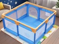 Dawnwake 120 x 120 cm Small Playpen for Baby 6M-3Y, Baby Playard with Anti-Fall Grasp Rings & Safety Lock ((No Mat/No Ball, Non-Foldable)-Blue