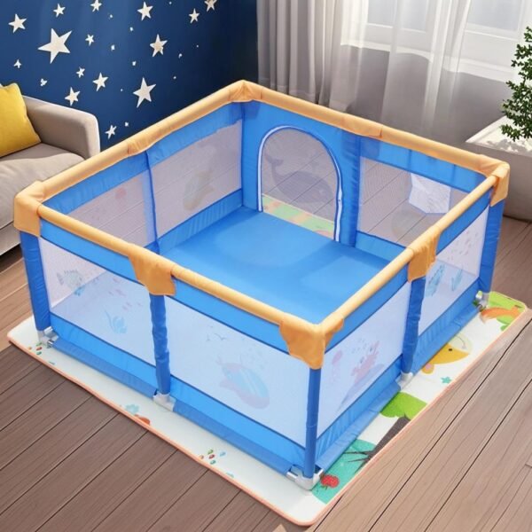Dawnwake 120 x 120 cm Small Playpen for Baby 6M-3Y, Baby Playard with Anti-Fall Grasp Rings & Safety Lock ((No Mat/No Ball, Non-Foldable)-Blue