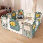 Dawnwake Assembly-Free 14 Panel Playard, Baby Playpen Fence with Crawling Mat and Football for Baby Upto 8 Years with Safety Locking Door & Drawing Board (150x150cm, Foldable) -Green
