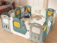 Dawnwake Assembly-Free 14 Panel Playard, Baby Playpen Fence with Crawling Mat and Football for Baby Upto 8 Years with Safety Locking Door & Drawing Board (150x150cm, Foldable) -Green