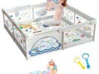 Dawnwake Large Playpen 150x180 cm for Baby up to 5 Years with Safety Lock, Baby Playard with Ocean Balls and 2 Anti-Fall Grasp Rings (No Mat/Cushion, Non-Foldable) -Grey