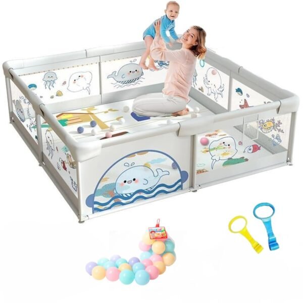 Dawnwake Large Playpen 150x180 cm for Baby up to 5 Years with Safety Lock, Baby Playard with Ocean Balls and 2 Anti-Fall Grasp Rings (No Mat/Cushion, Non-Foldable) -Grey