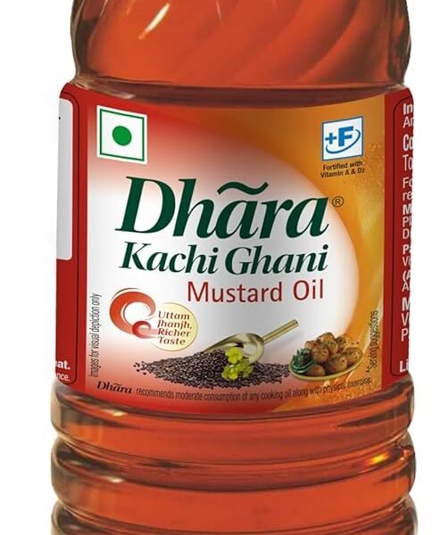 Dhara Kachi Ghani Mustard Oil (0% Trans Fat),910g, 1 L Bottle (May contain free turmeric powder 10g)