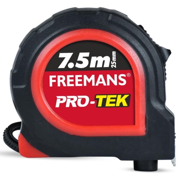 FREEMANS PRO-TEK 7.5m:25mm Steel Inchi Pocket Measuring Tape with Non Slip Rubber covered ABS case, Click-Action Front Lock, Pause Button, Hand Strap and Belt-Clip