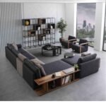 FUNTERIOR Luxa lshape Corner 6 Seater with Wooden Teak Wood Shelf Soft Touch Fabric Grey and Light Brown Sofa Set for Living Room (RHS)