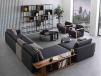 FUNTERIOR Luxa lshape Corner 6 Seater with Wooden Teak Wood Shelf Soft Touch Fabric Grey and Light Brown Sofa Set for Living Room (RHS)