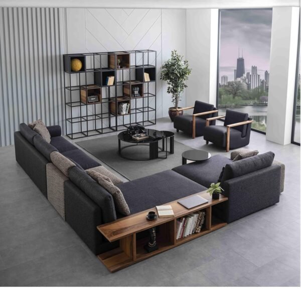 FUNTERIOR Luxa lshape Corner 6 Seater with Wooden Teak Wood Shelf Soft Touch Fabric Grey and Light Brown Sofa Set for Living Room (RHS)