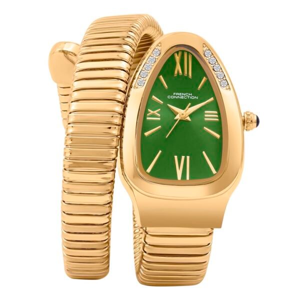 French Connection Eternelle Curve | Green Dial with Rose Gold Case | Flexible Wrap Bracelet Strap | Crystal Accent Design | Roman Numerals Analog Watch for Women - FCN0142NGM