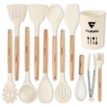 Fruitalite Silicone Kitchen Utensils Spoon Spatula Cooking Set of 12 Pcs | Non-Stick with Wooden Handle- BPA Free, Heat Resistant, Flexible Non Toxic Silicon Cookware Tools with Holder- Beige