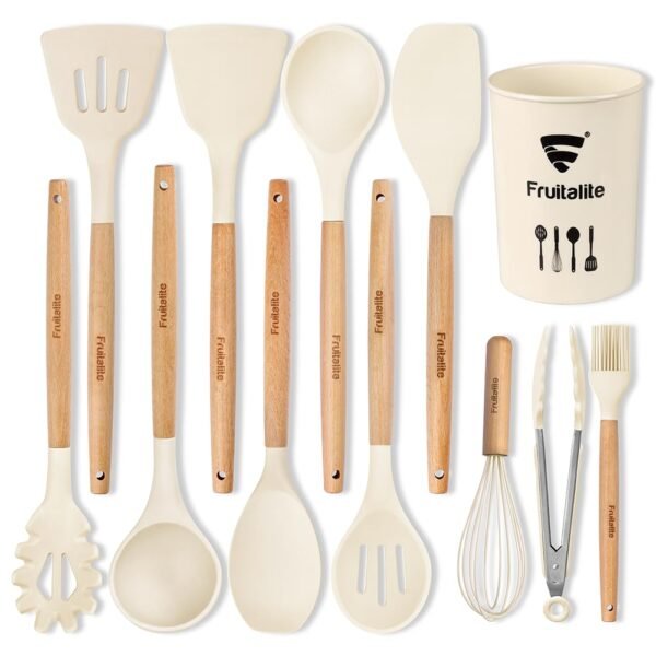 Fruitalite Silicone Kitchen Utensils Spoon Spatula Cooking Set of 12 Pcs | Non-Stick with Wooden Handle- BPA Free, Heat Resistant, Flexible Non Toxic Silicon Cookware Tools with Holder- Beige