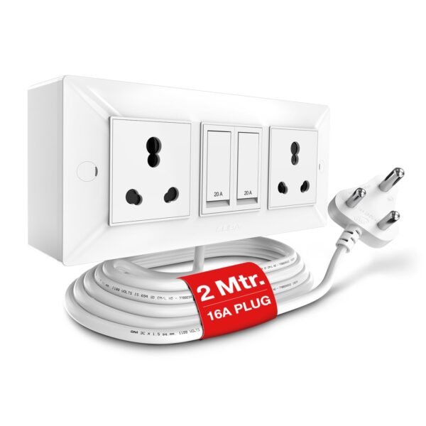 GM Cuba 16A 2+2 Extension Board with 2Mtr Extension Cord, Heavy-Duty Power Strip with Dual 20A Switches, 16A 3-Pin Plug,for High-Power Appliances, Home, Kitchen & Office Use, White