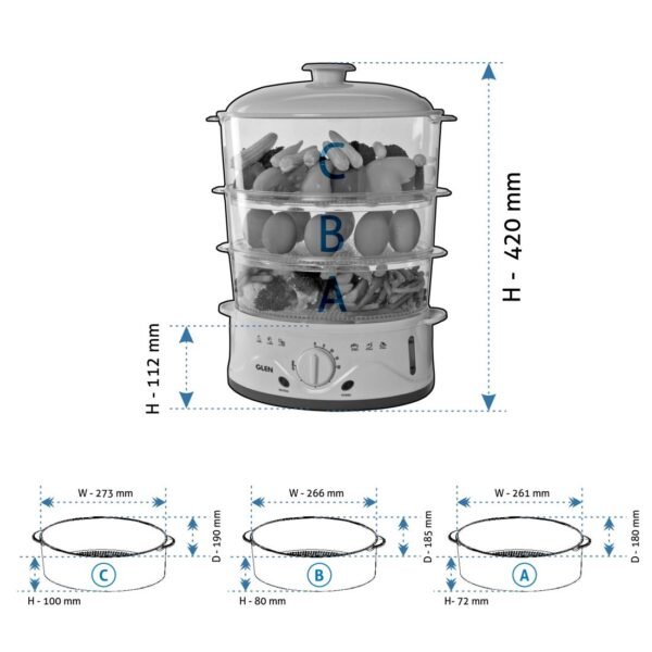 Glen Elecrtric Food Steamer 900w with 60 Minute Timer, 3 Food Grade Containers - White (3052)