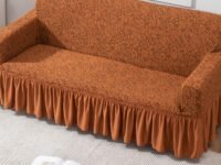 HOKIPO 3 Seater Jacquard Sofa Cover with Ruffled Skirt | Stretchable Elastic Fit Couch Cover | Premium 240 GSM Fabric | Washable Slipcover for Living Room Sofa, Caramel Brown (AR-4648-J4)