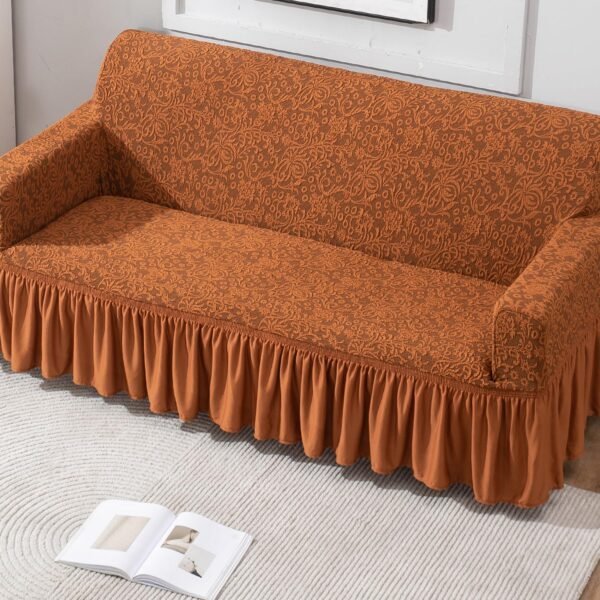HOKIPO 3 Seater Jacquard Sofa Cover with Ruffled Skirt | Stretchable Elastic Fit Couch Cover | Premium 240 GSM Fabric | Washable Slipcover for Living Room Sofa, Caramel Brown (AR-4648-J4)