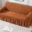 HOKIPO 3 Seater Jacquard Sofa Cover with Ruffled Skirt | Stretchable Elastic Fit Couch Cover | Premium 240 GSM Fabric | Washable Slipcover for Living Room Sofa, Caramel Brown (AR-4648-J4)