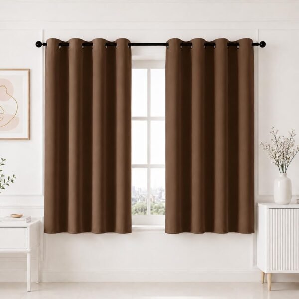 HOMEMONDE 100% True Blackout Curtains 5 Feet for Window 1 Piece - Faux Silk Blackout Thick Curtains, Room Privacy and Thermal Insulation 60 Inch - (Dark Brown, 152x166 CMs)
