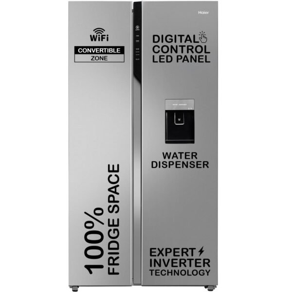 Haier 596 L 3 Star Frost Free Expert Inverter Smart Sense AI enabled 2-Door Side by Side Refrigerator (HRS-682SWDU1, Shiny Silver, Magic Convertible, In-built Water Dispenser