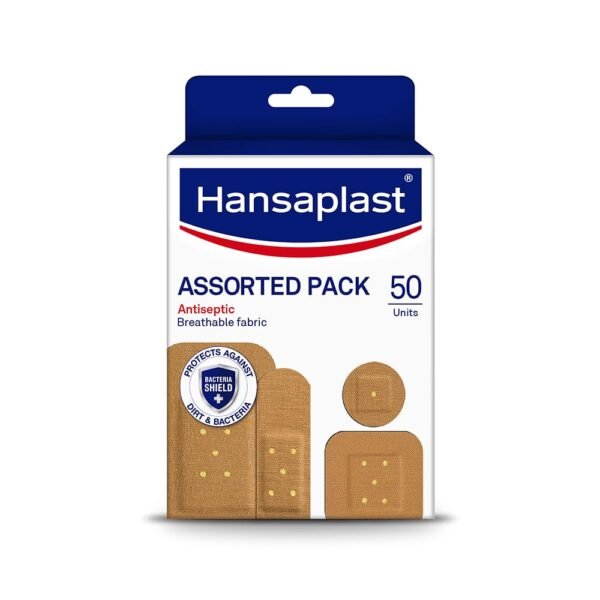 Hansaplast Antiseptic Plasters | Various Shapes & Sizes Bandage | Pack of 50 Units | First Aid kit | Breathable fabric | Home Essential Kit | Antiseptic Wound Pad