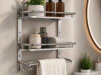 Hindware Bathroom Accessories 3-Layer Multi-Purpose Shelf | Made of Stainless Steel | Foldable & Convenient | Space Saving