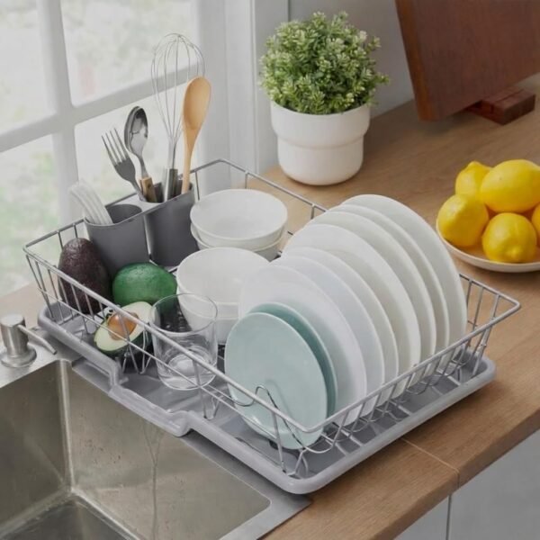 HomeCloud Home Cloud Stain Less Steel Rack for Kitchen | Uetnsil Stand | Dish Rack | with Tray & Utensil Holder, 1Pc (44 X 30 X 12 Cm)