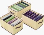 House of Quirk Set of 3 Wardrobe Clothes Organizer with Handle, Closet Drawer Organizers for Jeans Pants T-shirt Sweater Kids Clothes (6+7+9 Grids, Beige) (Fabric)