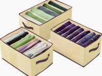 House of Quirk Set of 3 Wardrobe Clothes Organizer with Handle, Closet Drawer Organizers for Jeans Pants T-shirt Sweater Kids Clothes (6+7+9 Grids, Beige) (Fabric)