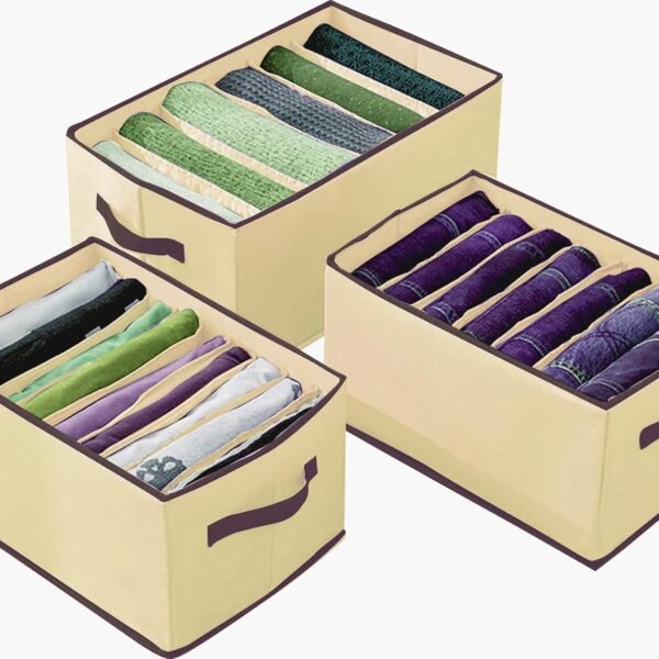 House of Quirk Set of 3 Wardrobe Clothes Organizer with Handle, Closet Drawer Organizers for Jeans Pants T-shirt Sweater Kids Clothes (6+7+9 Grids, Beige) (Fabric)