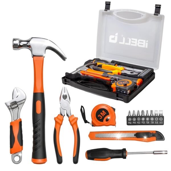 IBELL HT17-30 Hand Tool Kit (14 Pieces) | DIY & Household Repair Set with Screwdriver, Claw Hammer, Plier, Wrench, Knife, Measuring Tape & Bits | Durable Steel Tools in Hard Carry Case