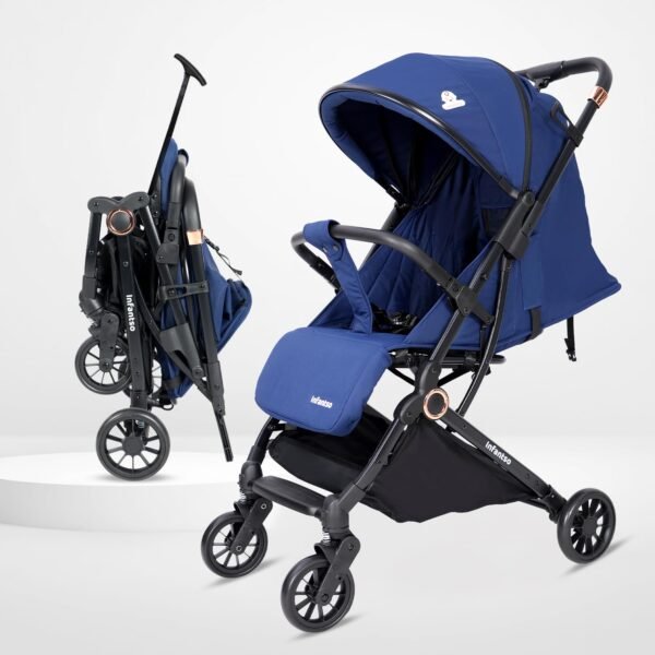 Infantso RIDE-X Premium Baby Stroller / Pram Auto Fold with 5 Points Safety Harness, Multi Level seat Recline & Spacious Cushioned seat, One-Hand Fold and 360° Rotating Wheels, Travel Friendly, Extendable Canopy, Adjustable Footrest, Shock Absorption Wheels, Lightweight Stroller for 0 to 3 Years (Blue)