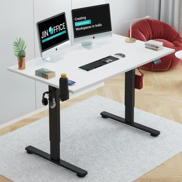 JIN OFFICE Octave Height Adjustable Desk Electric | Sit Stand Table, 80 Kg Wt. Cap, 2 Year Warranty| Standing Desk with Memory Preset, Cup Holder| Stability Crossbar| White 1200*750mm/25mm Thick Top