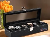 Kuber Industries Premium Faux Leather See Through 6 Slots Wrist Watch Organiser Box for Men & Women | Watch Storage Box Organizer | Watch Collection Box/Case/Holder | Black