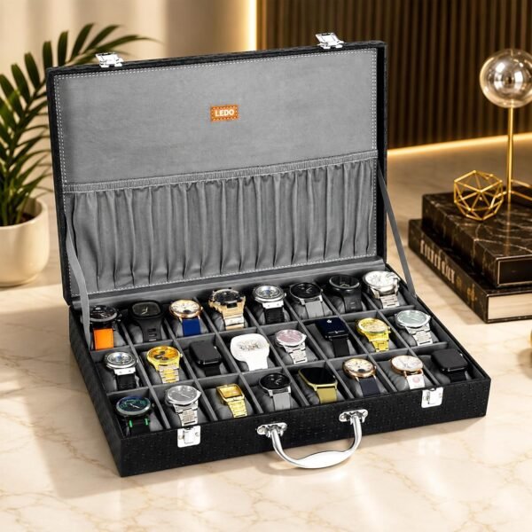 LEDO Men's and Women's Watch Box Organizer Case In 24 Slots of watches In Black color with Gray Velvet