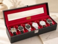 LEDO Watch Box Holder Organizer Case in 6 slots of Watches with Transparent Look Black & Cherry color Velvet