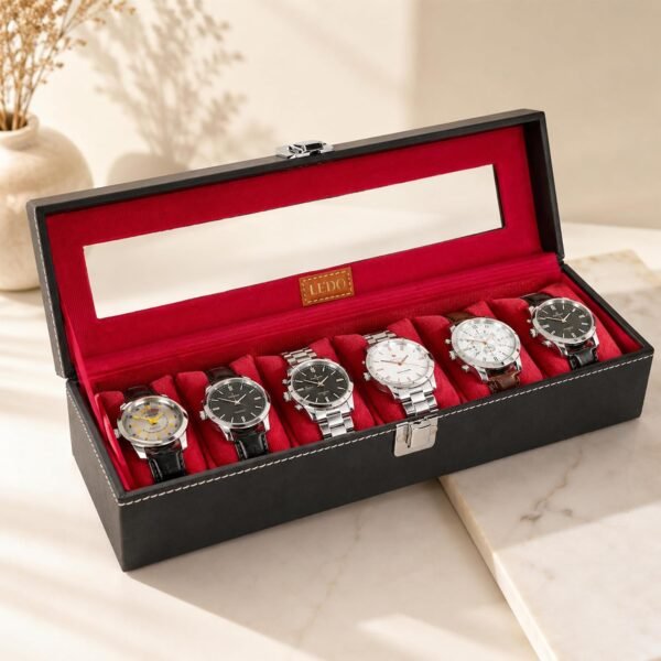LEDO Watch Box Holder Organizer Case in 6 slots of Watches with Transparent Look Black & Cherry color Velvet