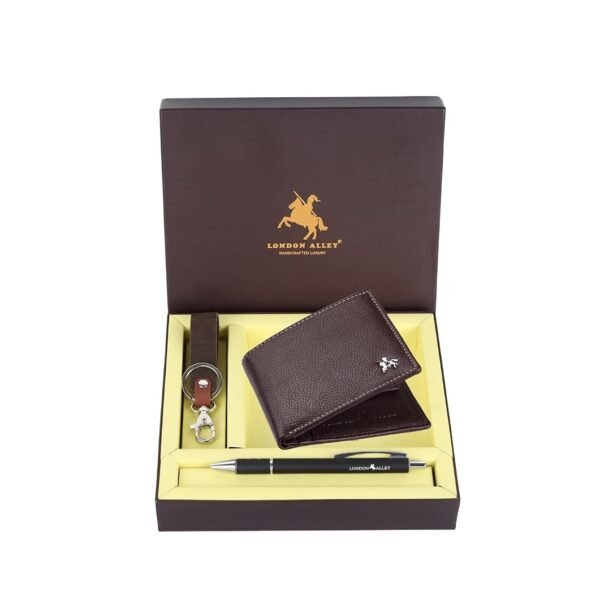 LONDON ALLEY Kevin Classic Brown Leather Wallet, Keyring & Pen Combo Gift Set for Men | Gift Hamper for Men