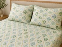 LOOMLYFE 300 TC Cotton Feel Glace Cotton Elastic Fitted Printed Queen Size Double Bed Bedsheet with 2 Pillow Covers Fits Upto 8 inches,Size- 60x78x10 Inches, YellowJaipuri