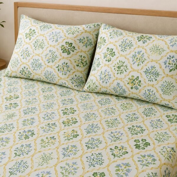 LOOMLYFE 300 TC Cotton Feel Glace Cotton Elastic Fitted Printed Queen Size Double Bed Bedsheet with 2 Pillow Covers Fits Upto 8 inches,Size- 60x78x10 Inches, YellowJaipuri