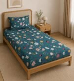 LOOMLYFE 300 TC Cotton Feel Glace Elastic Fitted Printed Single Bed Bedsheet with 1 Pillow Cover Fits Upto 6 Inches Mattress,Size- 42X75X8 Inches, Bluemultiflower