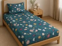 LOOMLYFE 300 TC Cotton Feel Glace Elastic Fitted Printed Single Bed Bedsheet with 1 Pillow Cover Fits Upto 6 Inches Mattress,Size- 42X75X8 Inches, Bluemultiflower